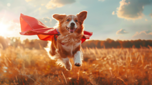 a happy dog running through a golden field while dressed as a superhero
