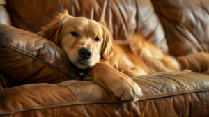 a golden retriever relaxing on a brown couch